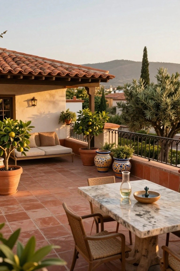 Terracotta-tiled balcony terrace with wooden daybed lounge, rattan chairs around marble-top table with glass decanter and bowl, potted lemon trees, colorful ceramic pots, wrought-iron railing, and hillside view at dusk.
