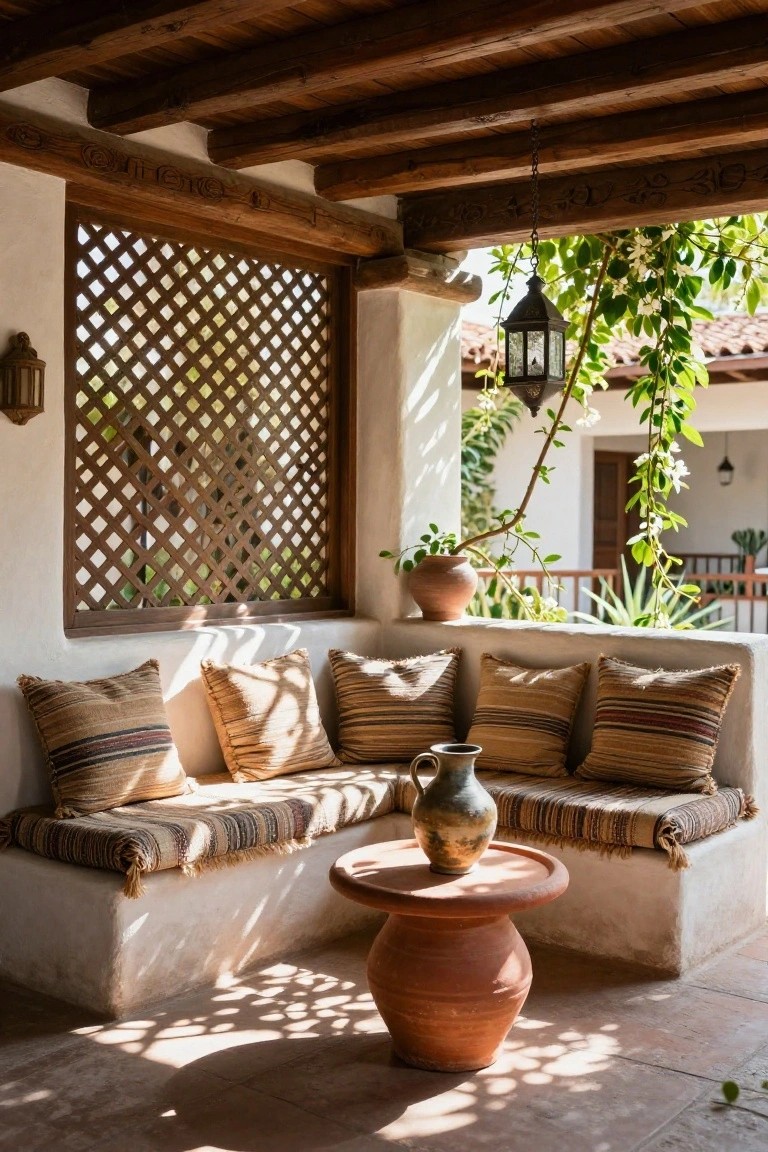 Corner built-in bench with striped cushions and low terracotta table in a shaded hacienda patio with wooden beamed ceiling, lattice screen window, hanging lantern, potted plants, and vine-covered arches.