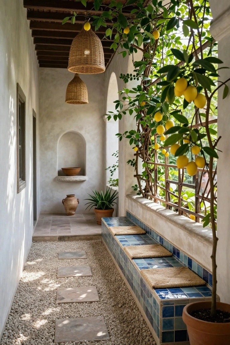 Sunlit hacienda corridor with white stucco walls, arched niche, built-in blue-tiled bench with woven cushions, hanging rattan lanterns, potted plants, and lemon tree on iron trellis over window.