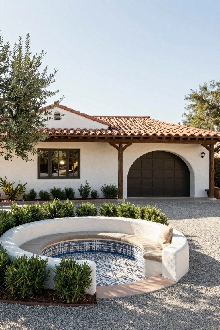 White stucco Spanish-style house with red tile roof, dark wood garage door, and curved white stucco bench seating around a small blue-tiled circular pool in a gravel front yard surrounded by low plants and olive trees.