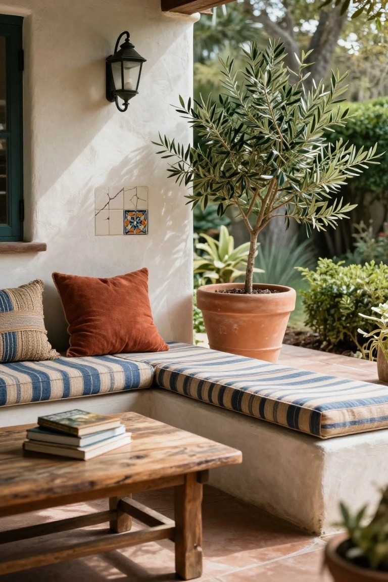 Covered hacienda-style outdoor seating area featuring built-in bench with blue-striped and rust cushions, wooden coffee table with stacked books, large terracotta pot with olive tree, white stucco wall, wall lantern, and tile accents.