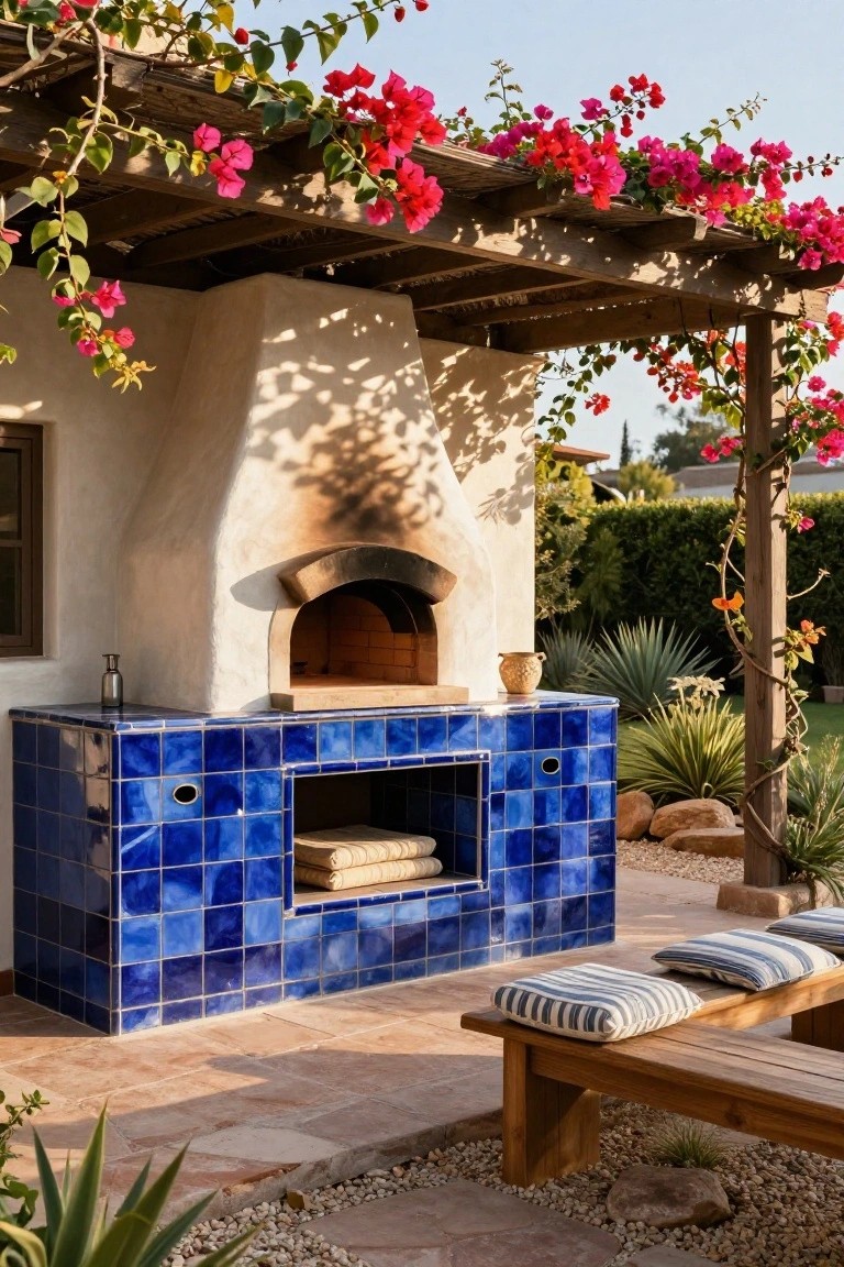Outdoor pizza oven with blue tiles and bougainvillea-covered wooden pergola.