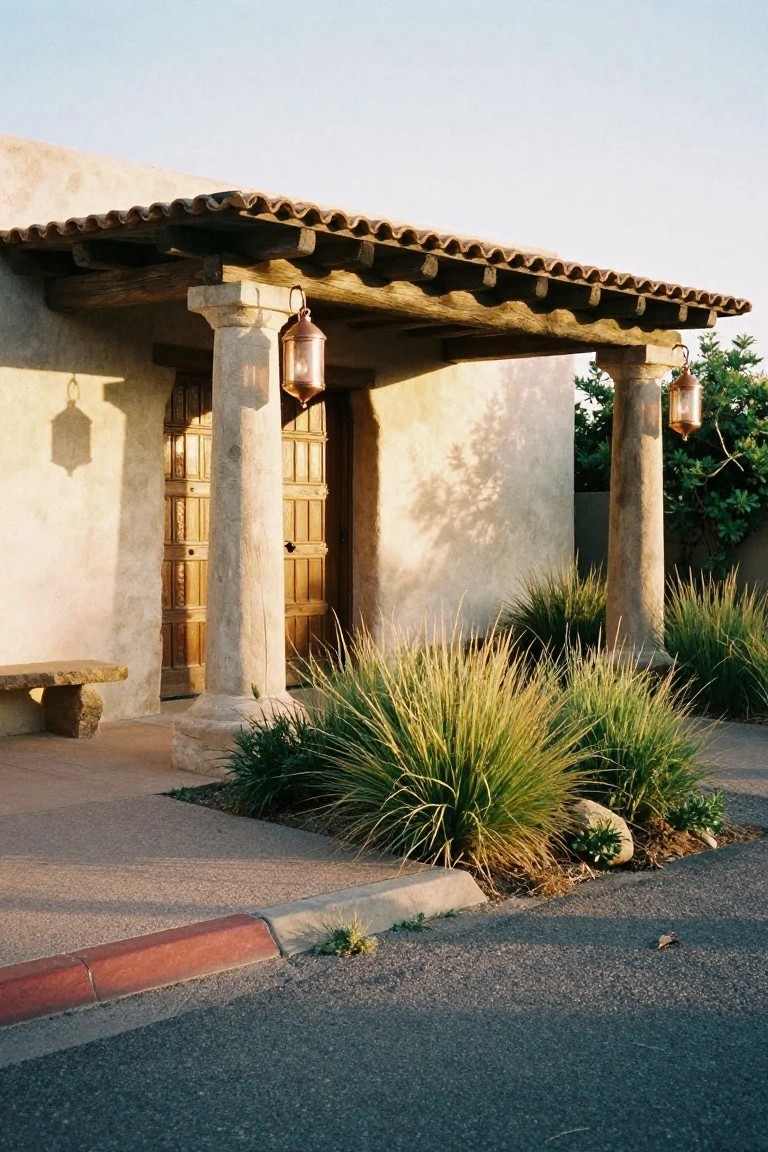 Adobe-style house entrance with double wooden doors under a covered portal supported by stone columns, flanked by copper lanterns and desert grasses, viewed from the street at dusk.