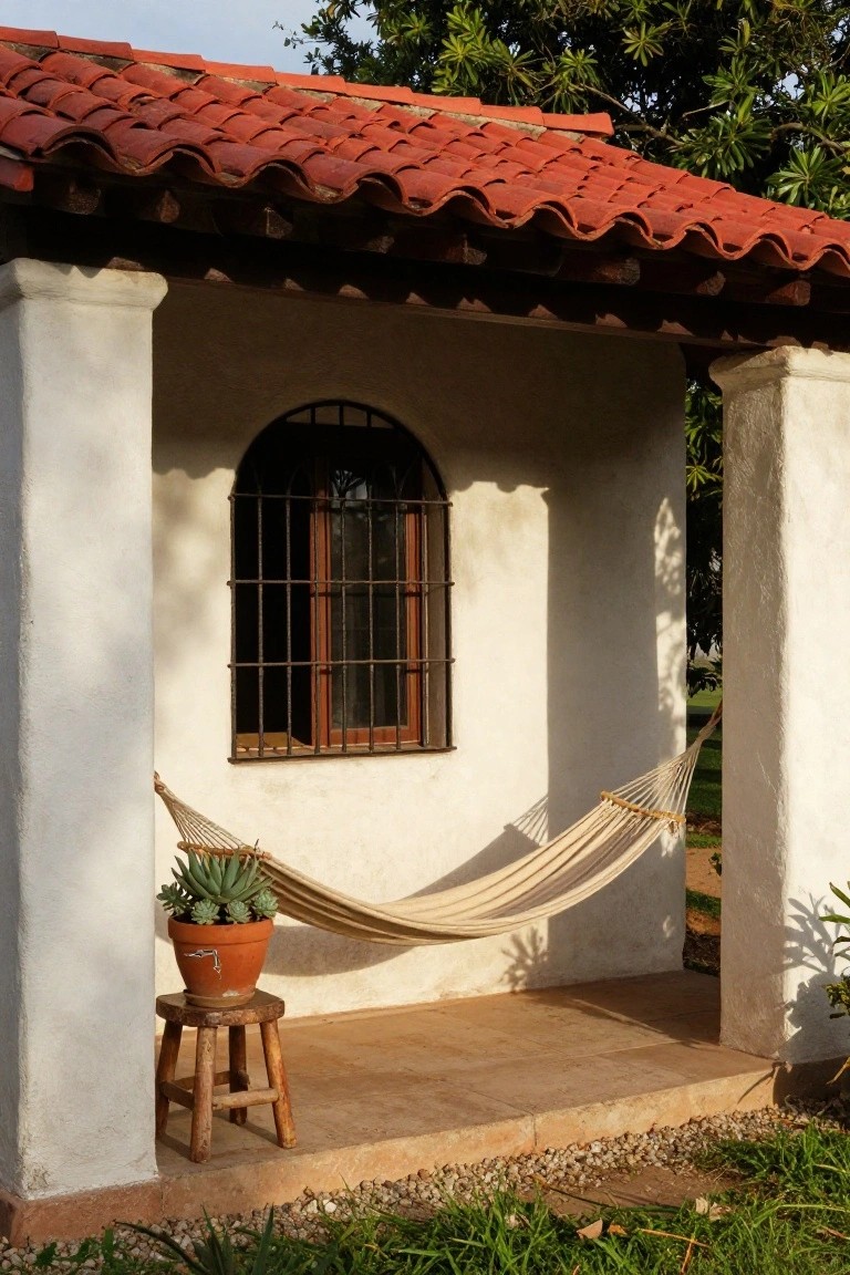White stucco hacienda porch with red barrel tile roof, arched window with black wrought iron bars, beige hammock hung between two columns, terracotta pot of succulent plant on wooden stool, gravel patio and green plants nearby.