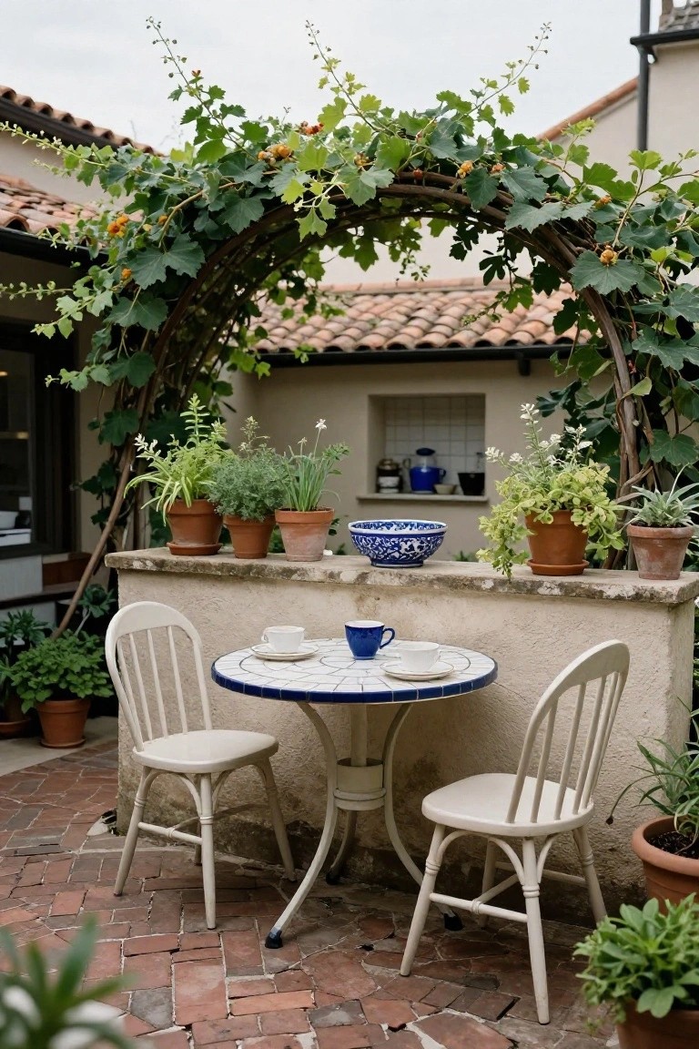 Small white wooden chairs at a blue-and-white tiled round table in a hacienda-style outdoor courtyard under a vine-covered wooden arch, with potted plants on stucco walls and terracotta roof tiles nearby.