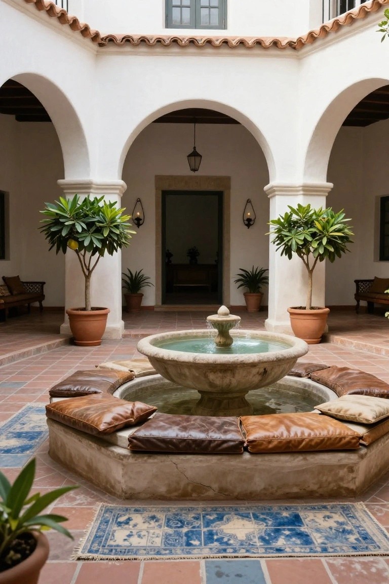 White stucco hacienda courtyard with central octagonal stone fountain and flowing water, surrounded by low leather cushions on terracotta tiles, potted citrus trees, and arched doorways.