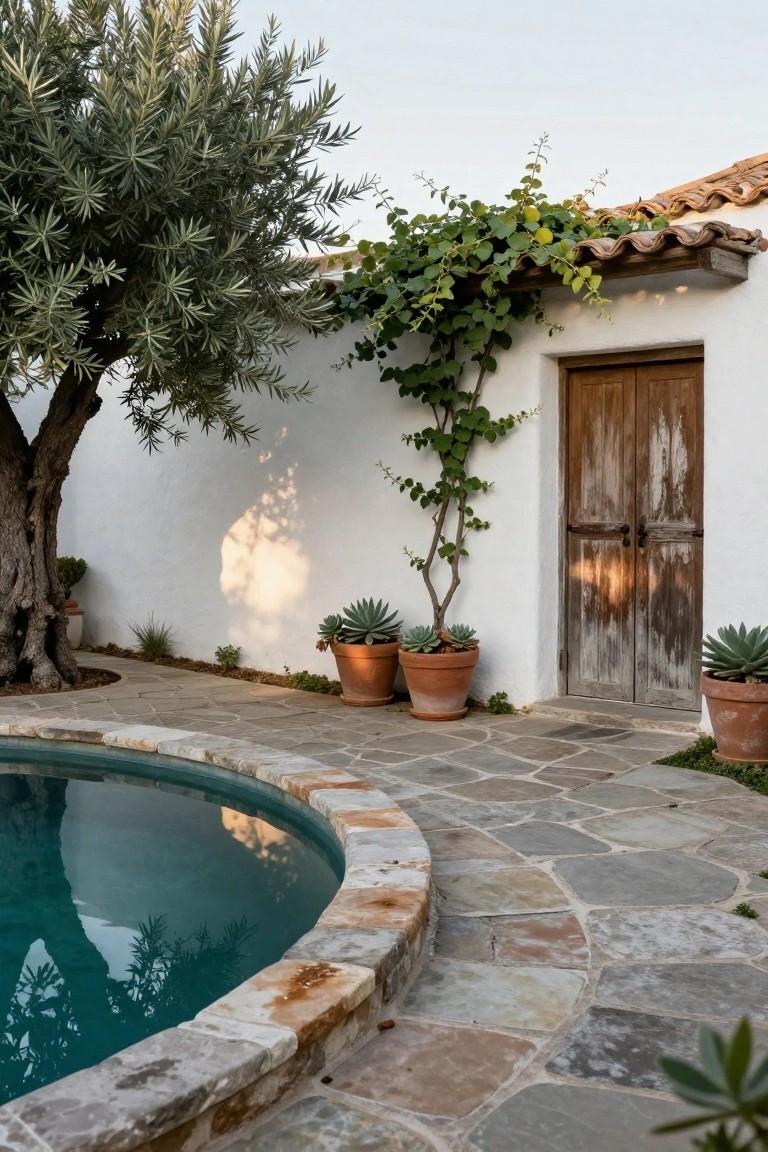 White stucco hacienda wall with rustic wooden double doors, climbing vines, olive tree, potted agave plants in terracotta pots, and curved turquoise pool edged in irregular stone pavers on a flagstone patio.