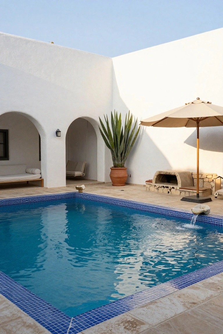 Rectangular pool with blue mosaic tiles in a white stucco courtyard, featuring arched openings, potted agave plant, beige umbrella on stand, cushioned daybed, hanging hammock chair, and stone fire oven on travertine patio.