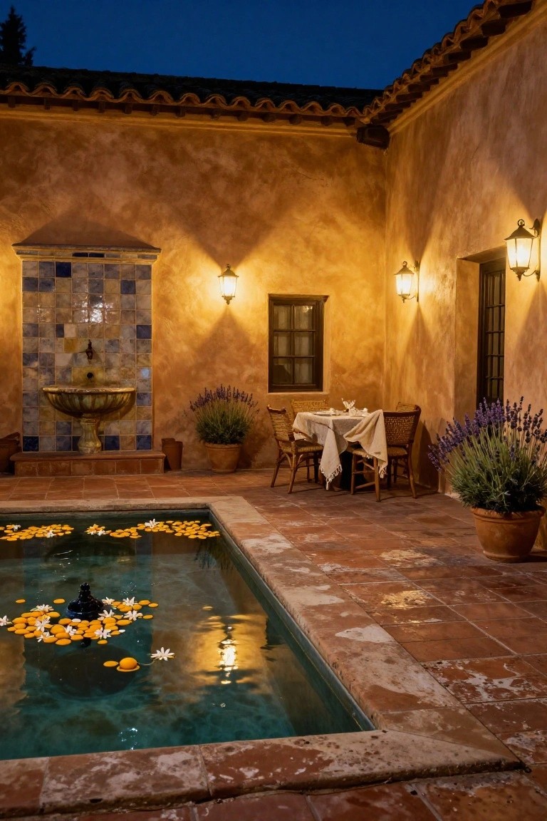Hacienda courtyard at night with turquoise pool containing floating orange slices and white flowers around a central black fountain, adjacent wicker dining table with white cloth, wall lanterns, lavender plants in terracotta pots, and blue-tiled wall fountain on textured walls.