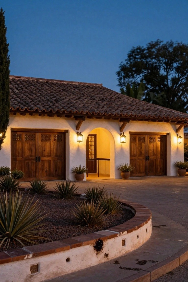 Twilight photo of a Spanish hacienda house exterior with two wooden garage doors lit by wall lanterns, an arched entryway, potted agaves, and desert plants along a curved driveway.