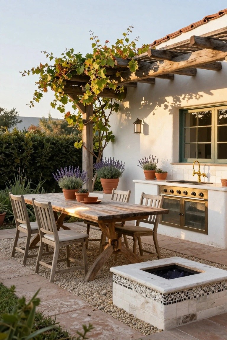 Outdoor patio featuring a wooden dining table and chairs under a vine-covered wooden pergola next to a white stucco kitchen counter with gold stove, sink, and oven, plus potted lavender plants and a square stone fire pit.
