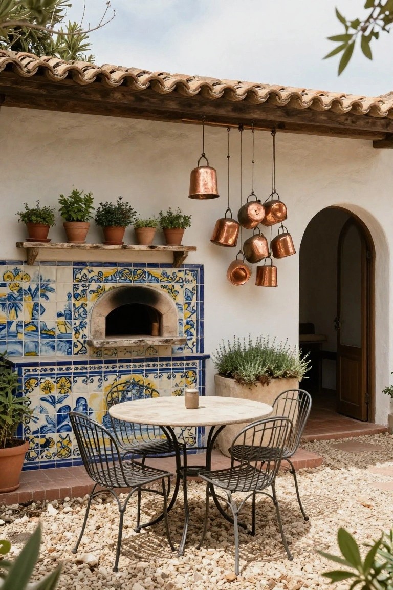 White stucco hacienda wall with arched doorway, blue and yellow tiled wood-fired oven, hanging copper pots and bells, wooden shelf with potted herbs, round stone table with metal chairs on gravel patio surrounded by plants.