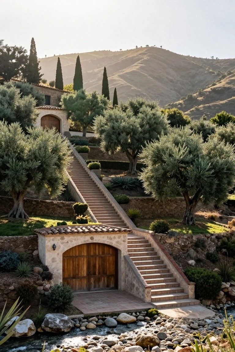 Wide terracotta stone stairs ascend a terraced hillside lined with olive trees and stone walls, connecting lower arched wooden garage doors to upper hacienda structures amid cypress trees and distant hills.