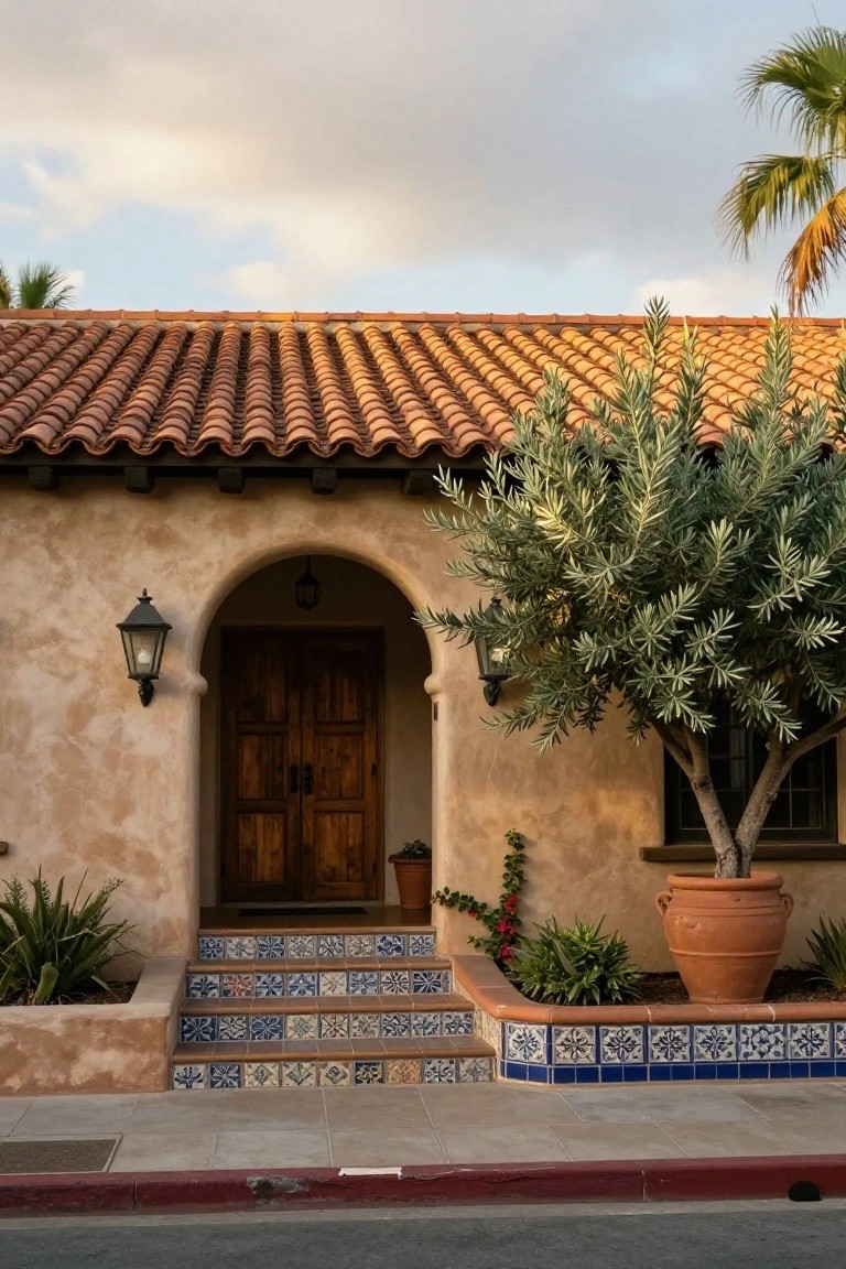 Beige stucco Spanish hacienda house exterior with red tile roof, arched wooden front door flanked by lanterns, colorful blue and white tiled steps, olive tree in terracotta pot, agave plants, and palm trees in the background.