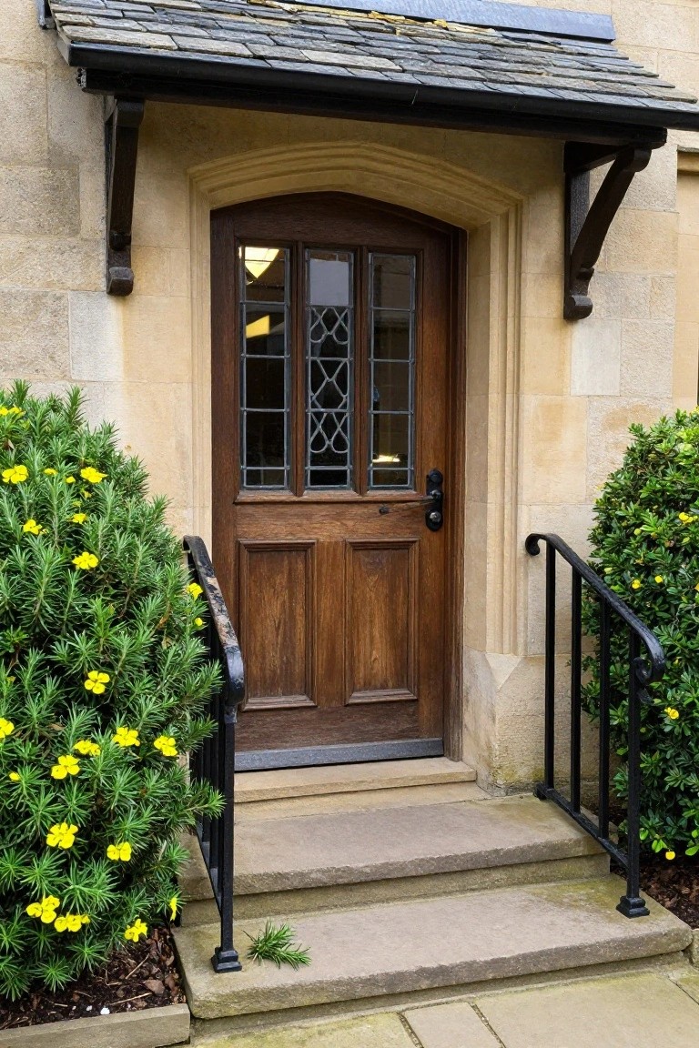 Beige stone arched entry porch with wooden paneled door and leaded glass windows, flanked by green shrubs with yellow daisy-like flowers, black iron railings on front steps.