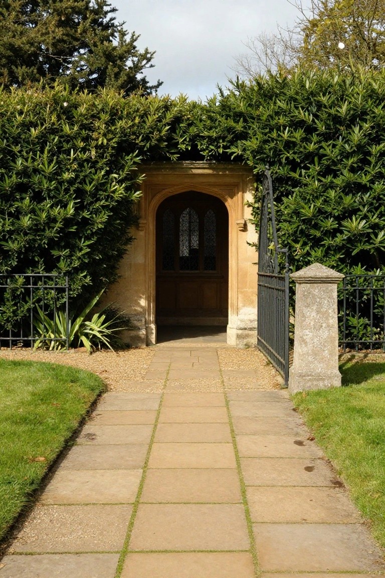 Stone paver path bordered by grass and tall dense green hedges leads to an open black wrought iron gate flanked by stone pillars and an arched beige stone doorway with a wooden door and stained glass window.