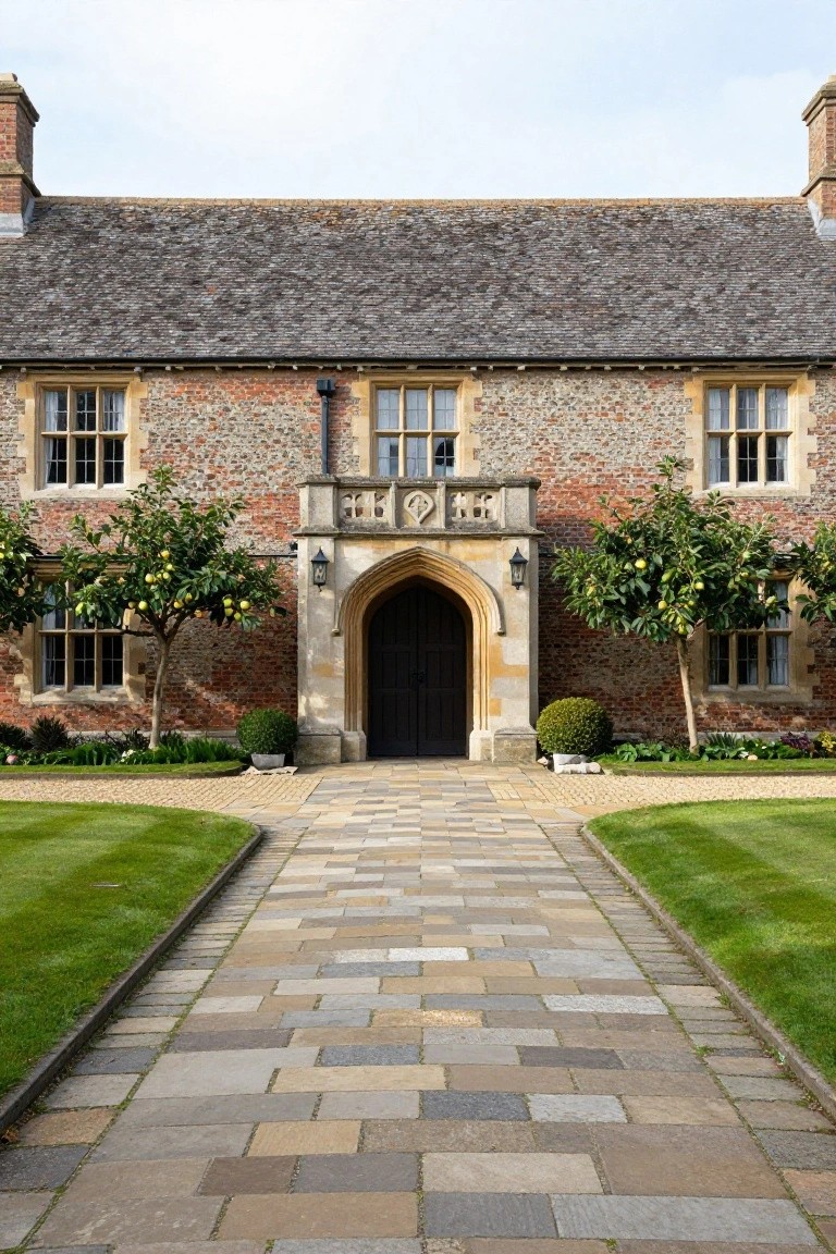 Tudor-style brick and stone house with arched front door, flanked by lemon trees and manicured lawn beds, approached by a straight pathway of varied rectangular stone pavers.