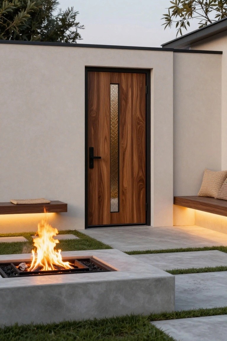 Modern wood front door with vertical grain and tall frosted glass panel in black frame on white stucco wall, adjacent rectangular fire pit in concrete surround with yellow-orange flames, built-in wood benches with beige cushions, paver patio with grass strips, and trees beyond.