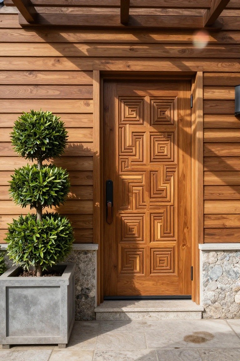 Wooden house exterior featuring a tall front door with intricate geometric carvings, flanked by a potted three-tiered boxwood shrub in a concrete planter, with wood siding, stone base, and pergola overhead.