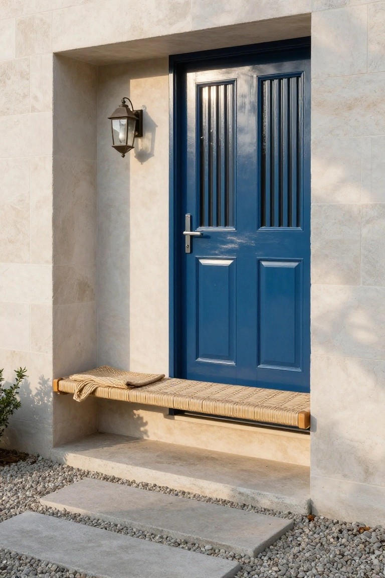 Navy blue paneled front door with vertical grilles in a beige stone archway, lit by a wall lantern, with a woven bench beside it and stone steps on gravel leading up.