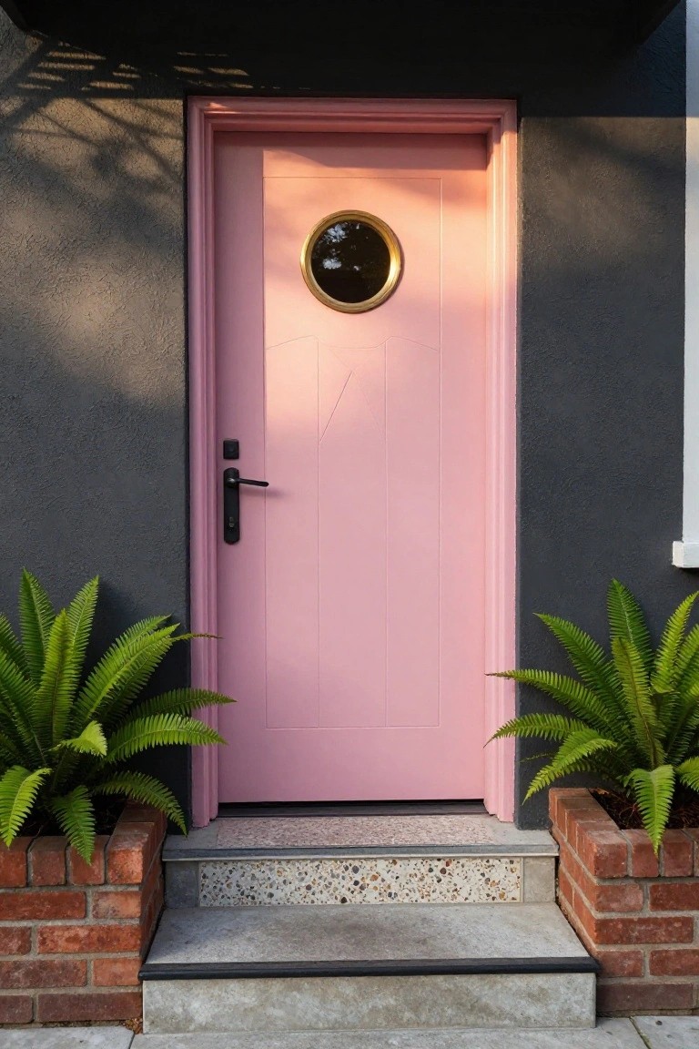 Pink paneled front door with brass porthole window and black handle on gray stucco wall, flanked by brick planters with ferns and concrete steps with pebble aggregate.