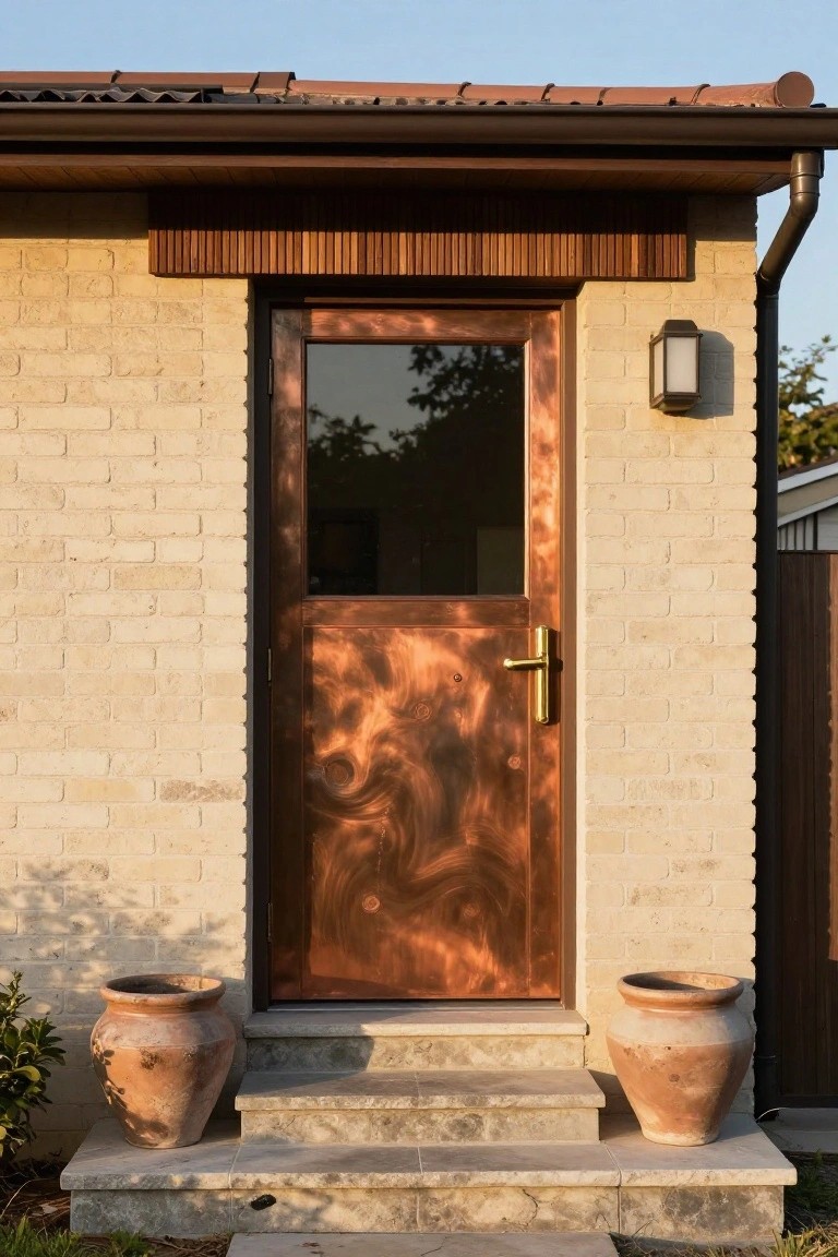 Beige brick house exterior with a tall copper-clad front door showing swirled texture, glass upper panel, brass handle, wall lantern, flanked by two terracotta pots on stone steps under wooden overhang.