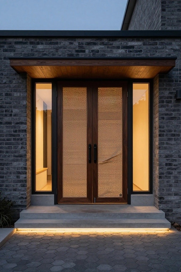Front view of a modern house entrance with double wooden doors featuring woven texture panels, flanked by glass sidelights in a dark brick wall, concrete steps with LED strip lighting underneath, and hexagonal paver ground.