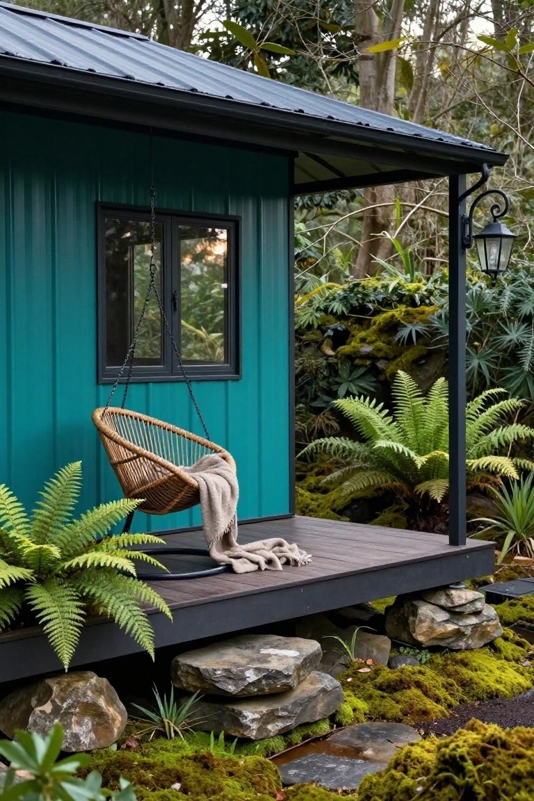 Small turquoise corrugated metal cabin with dark metal roof, black-framed window, wooden deck porch holding a hanging rattan chair with blanket, flanked by ferns and mossy rocks amid lush green plants and trees.