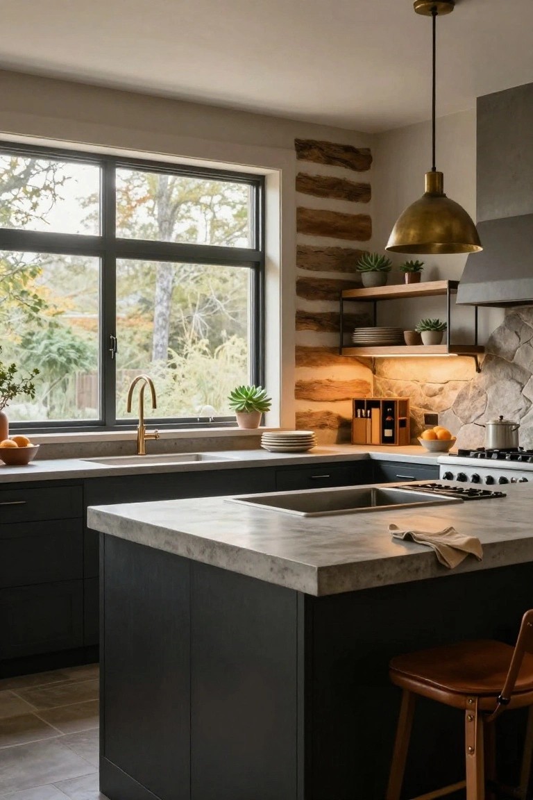 A log home kitchen with exposed light-colored log walls, matte black lower cabinets and island, concrete countertops, brass gooseneck faucet, open shelves with plants and dishes, and large black-framed windows showing trees outside.
