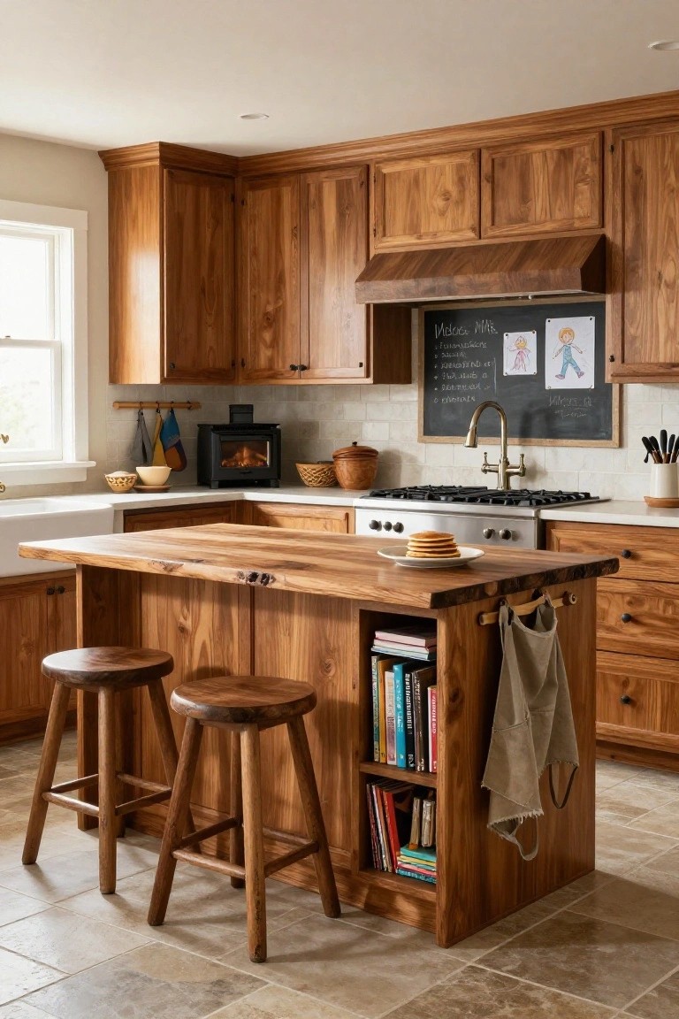 A log-style kitchen interior with wooden cabinets, a central live-edge wood island featuring built-in open bookshelves, bar stools, apron hooks, gas range, farmhouse sink, and chalkboard above the cooktop.