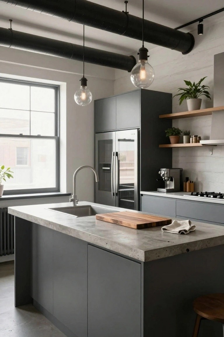 Modern industrial-style kitchen interior with gray cabinets, large island topped in polished concrete holding a wood cutting board and stainless sink, exposed black overhead pipes, pendant globe lights, potted plants on open wood shelves, and a wood stool at the end.