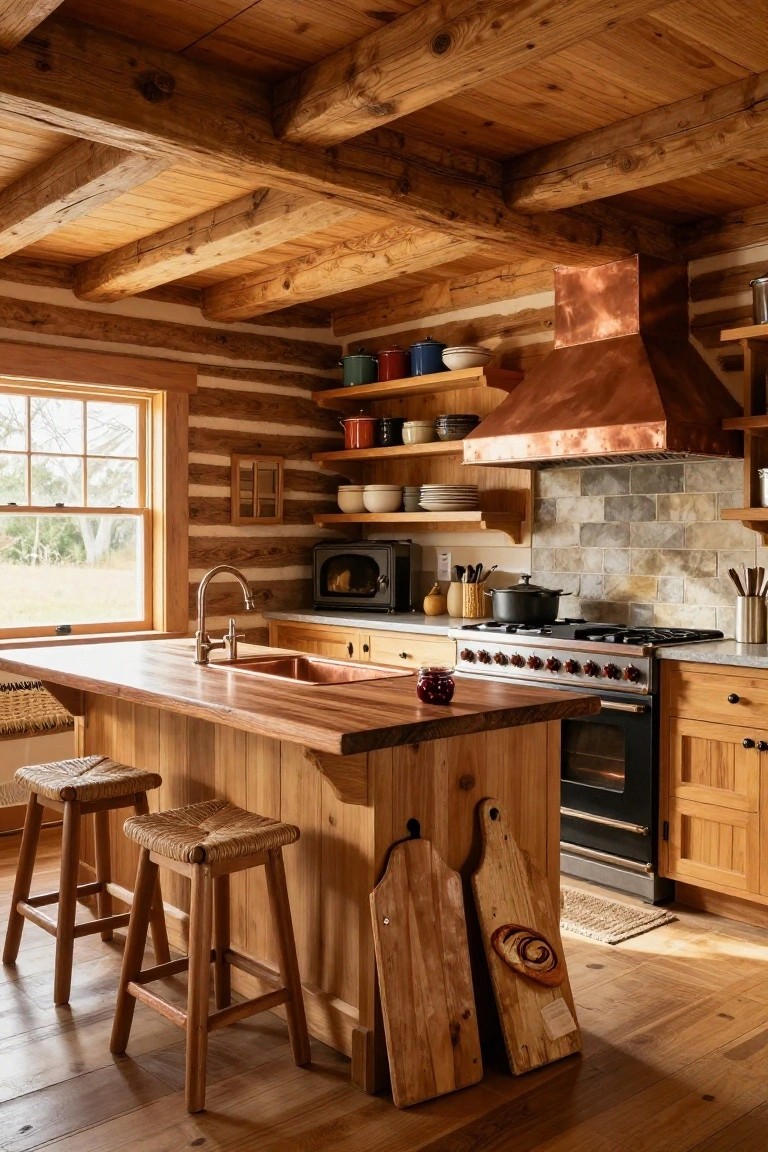 Log cabin kitchen interior with exposed wooden beams and log walls, copper range hood over gas range, copper sink in wooden island, rattan-wrapped stools, and various cookware on open shelves.