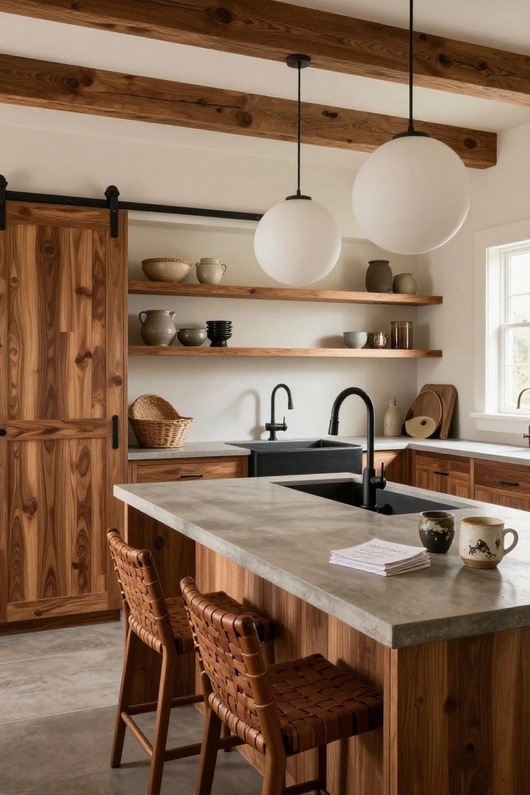 Kitchen with exposed wooden beams on white ceiling, rich wood cabinets and island, concrete countertops, black sink, open shelves with pottery, and wicker chairs at the island.