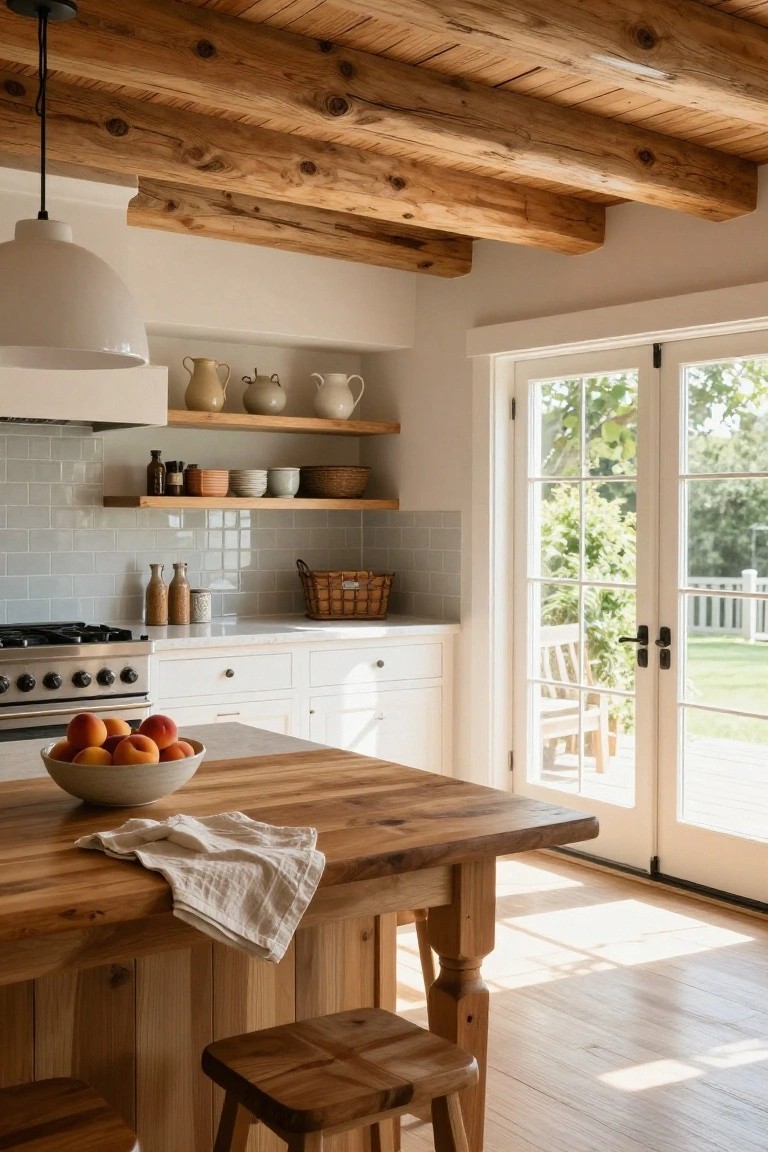 Kitchen interior featuring exposed wooden beams on the ceiling, white shaker cabinets, a wooden island with stools, gray subway tile backsplash, open shelves with pottery, and French doors opening to a green yard.