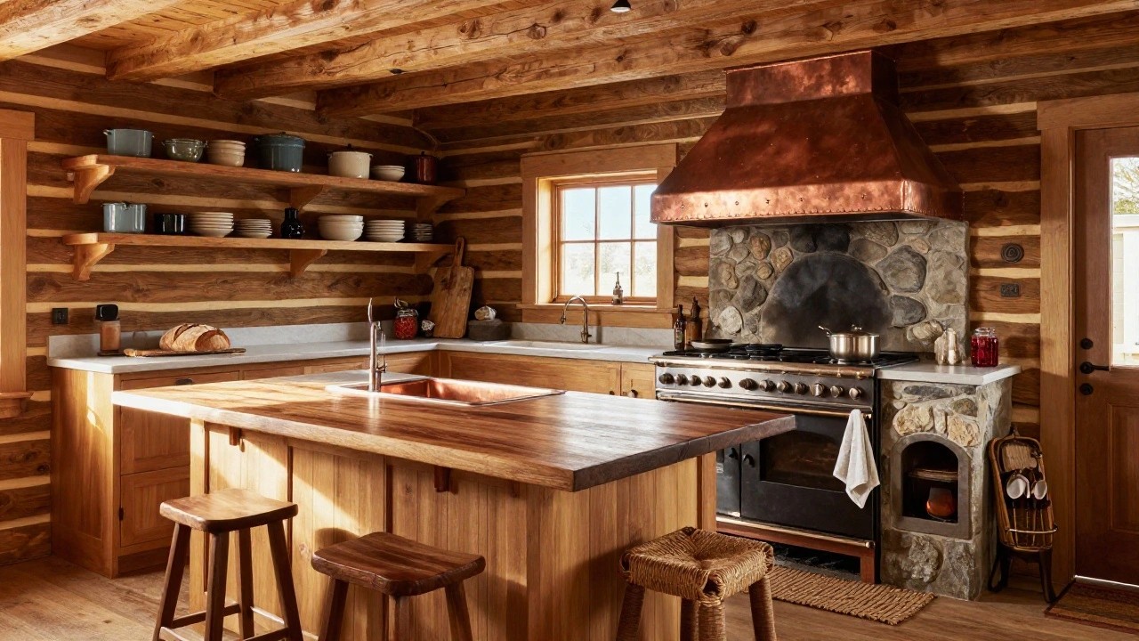 Log cabin kitchen interior with exposed wooden beams and log walls, copper range hood over gas range, copper sink in wooden island, rattan-wrapped stools, and various cookware on open shelves.