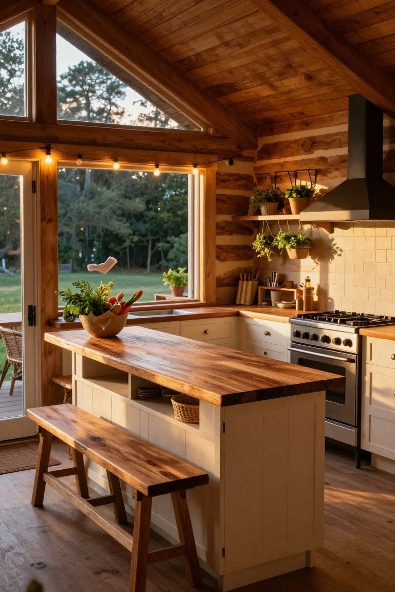Log home kitchen with wooden-topped center island, wooden benches on one side, white cabinets, stainless stove and oven, large triangular windows to woods and yard, hanging plants, and string lights.
