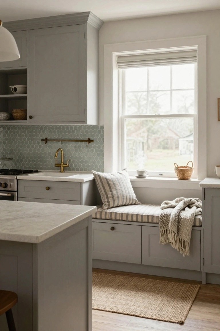 Light gray kitchen cabinets with brass hardware, white sink and counters, hexagonal teal tile backsplash, and a built-in cushioned window bench seat with pillows and blanket beside a large window overlooking trees and yard.
