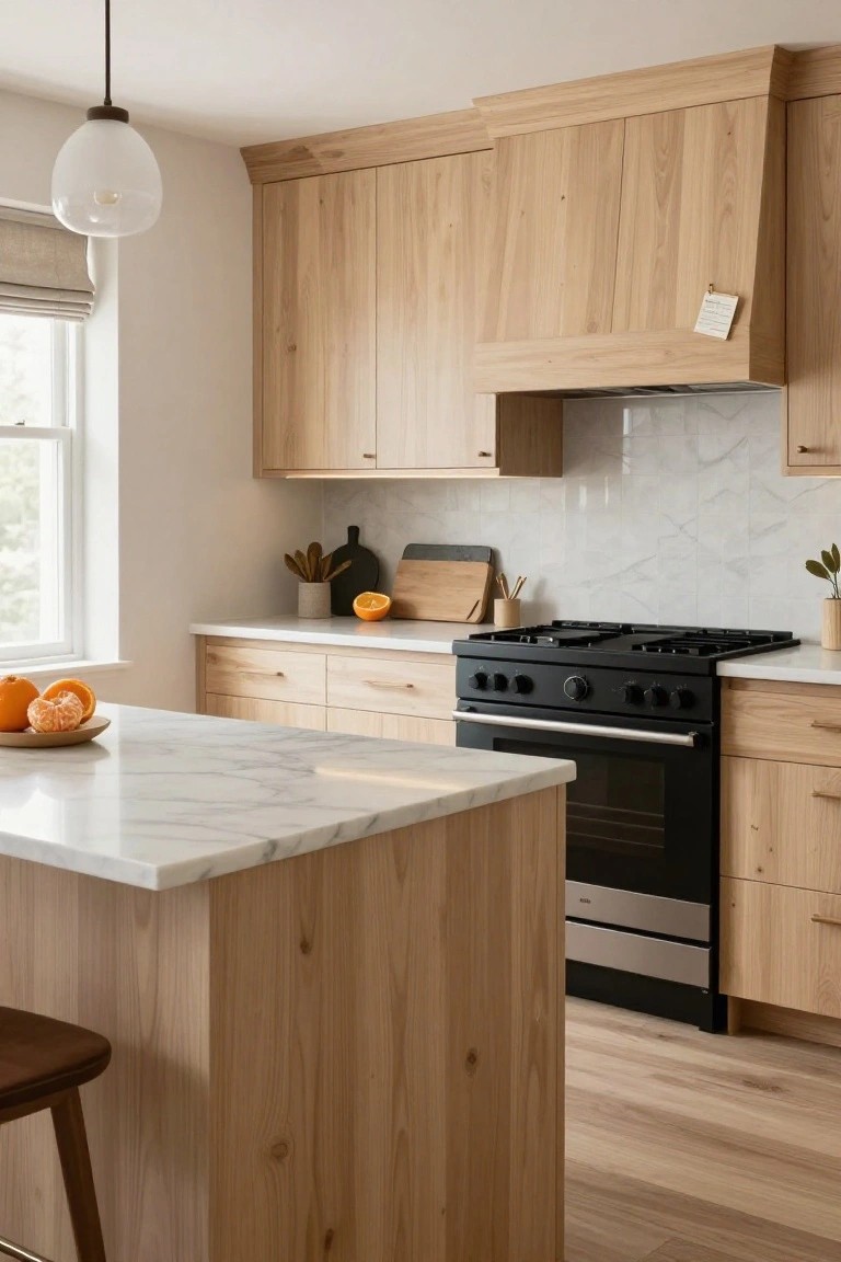 Kitchen with light oak cabinets, white marble countertops and island, black gas range and oven, wooden cutting board and oranges on counters, pendant light overhead.