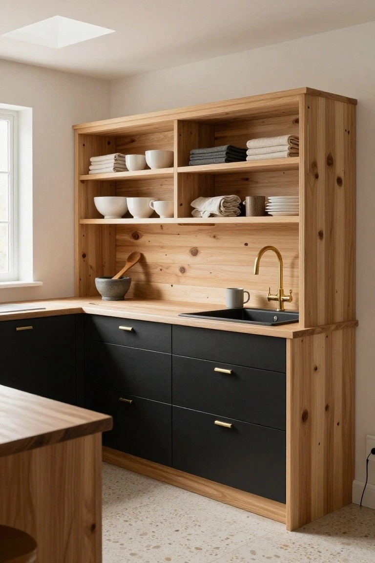 Corner kitchen with light knotty pine open shelving holding white dishes, bowls, towels, and utensils above matte black base cabinets, wood countertop, black sink, gold faucet, and beige terrazzo floor in a bright room.
