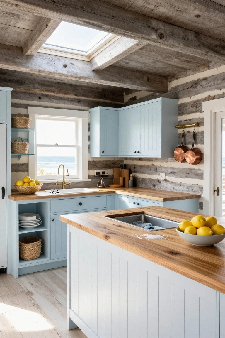 Log cabin kitchen with pale blue cabinets, wooden countertops and island, brass faucet, copper pots on wall rack, skylight in beamed ceiling, and window showing ocean view.