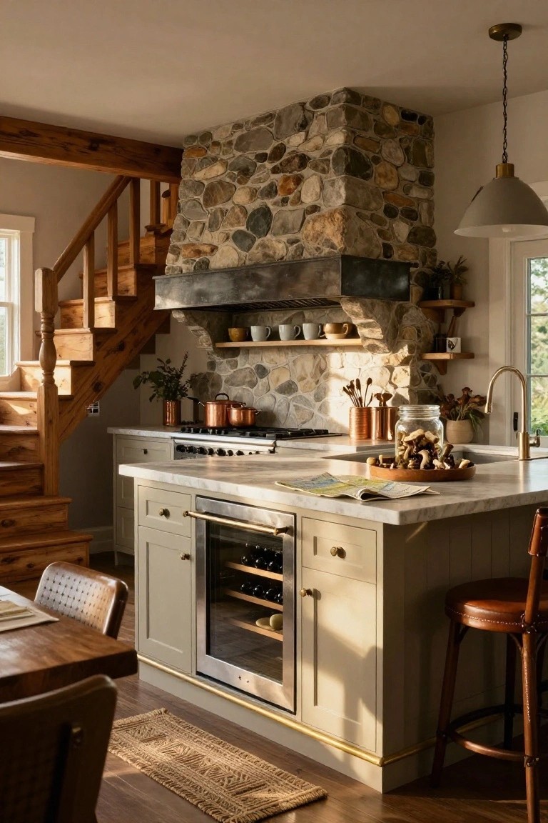 Log home kitchen with wooden beamed ceiling and stairs, tall irregular stone chimney hood over gas range, creamy cabinets, white marble island, and copper pots on shelves.