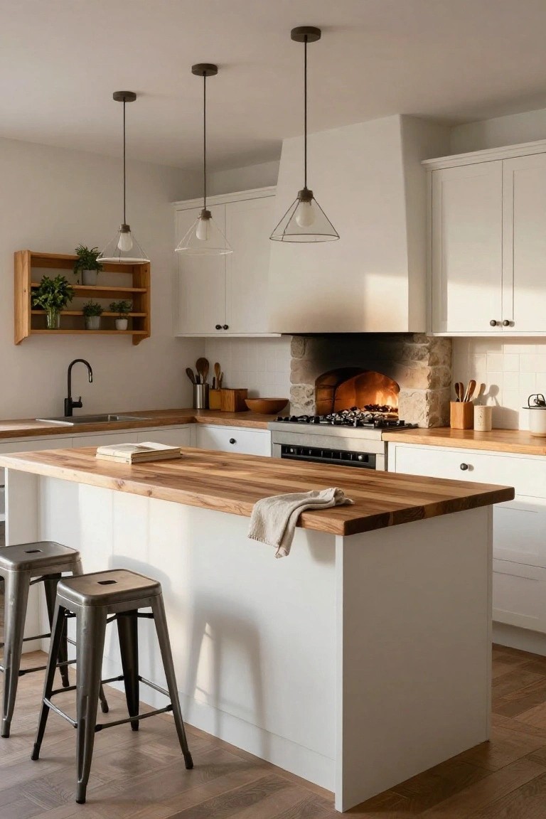 Bright kitchen interior with white shaker-style cabinets, wooden countertop island with two metal bar stools, black faucet sink, utensil crock, built-in stone arch oven with visible orange fire, three pendant lights overhead, and light wood flooring.