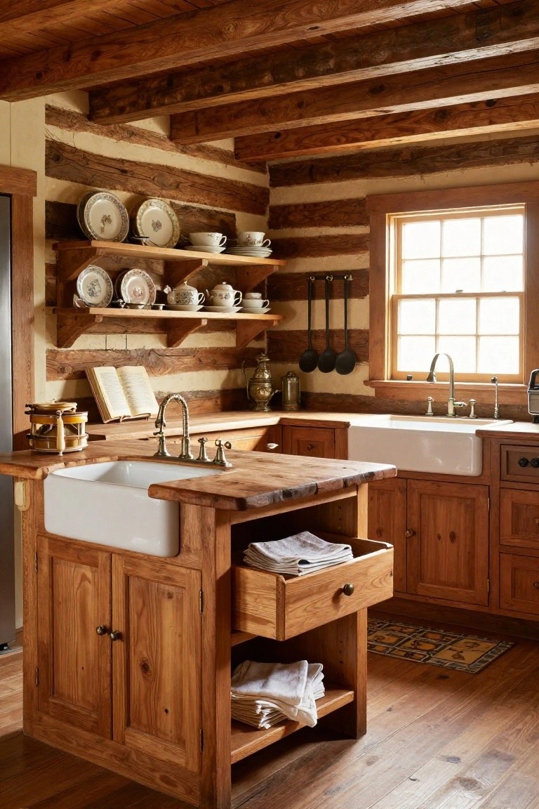 Log cabin kitchen with exposed wooden beams on walls and ceiling, wooden cabinets and open shelves displaying white dishes and teacups, central freestanding wooden island with butcher block top, white farm sink, brass faucet, and lower storage drawers and shelves holding linens.