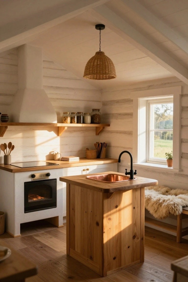 Small log cabin kitchen with white shiplap walls, wooden open shelves stocked with jars, a wooden island topped with copper sink, white stove with open fire, rattan pendant light, and window showing fields.