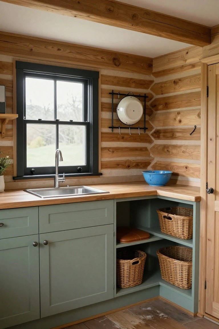 Corner kitchen in a log cabin with sage green cabinets below wooden countertops, stainless sink, blue bowl, wicker baskets on open shelves, white plate on black wall rack, and black-framed window with rural view.