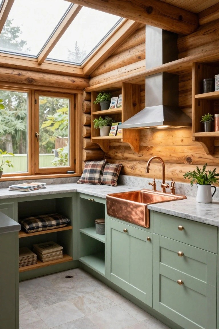 Corner kitchen in a log home with sage green cabinets, copper apron sink, marble countertops, stainless steel range hood, wooden walls and beams, skylights, and a window overlooking greenery.