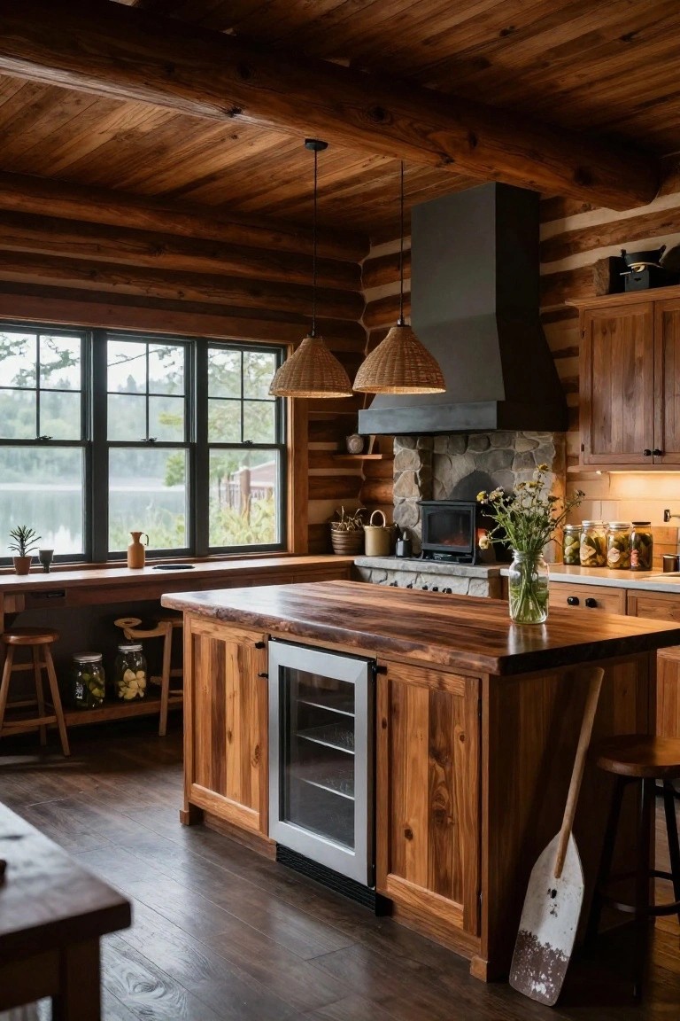 Log cabin kitchen interior with wooden beamed ceiling, large live-edge wood island featuring built-in wine cooler and cabinets, black range hood over stone fireplace, woven pendant lights, and large windows overlooking a lake.