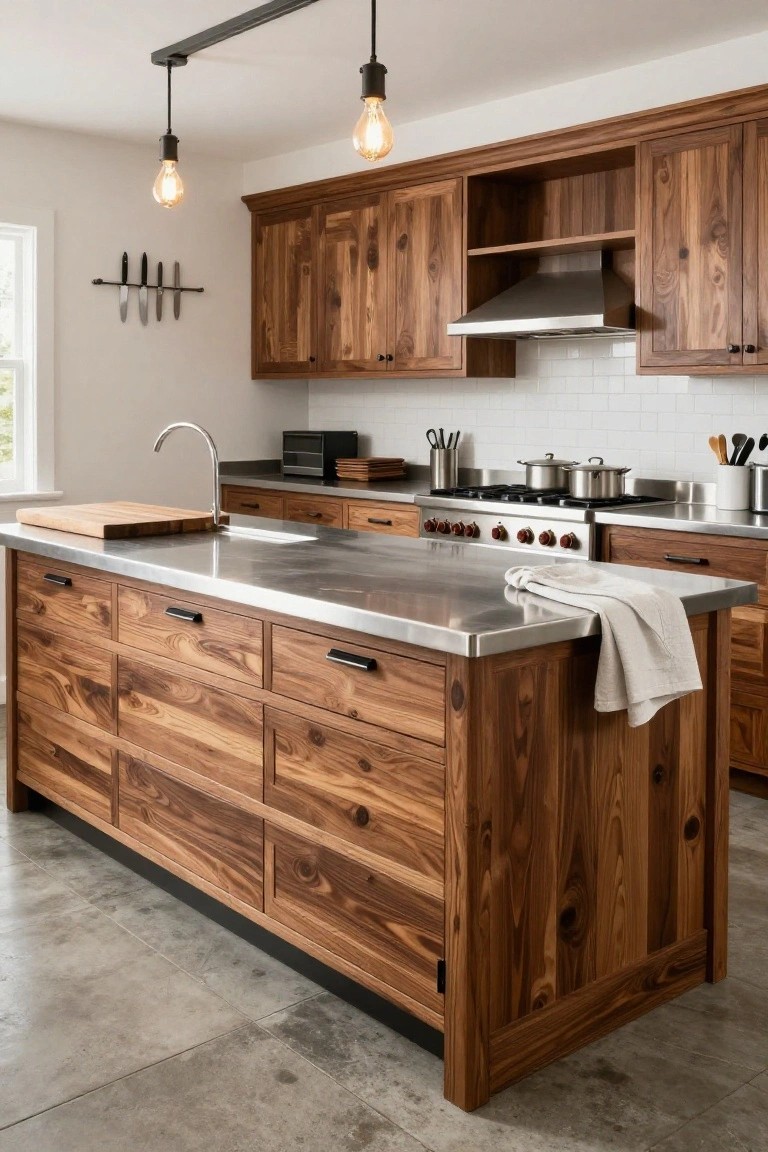 Kitchen with dark wood cabinets, stainless steel countertop on a wood-based island, stainless steel range and hood, white subway tile backsplash, and two pendant lights.