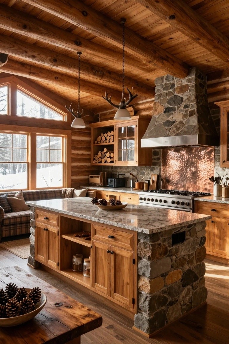 Log cabin kitchen with vaulted wooden beam ceiling, stone chimney hood over range, copper backsplash, large center island on stone pillar base with wood cabinets and granite top, plaid couch, and windows to snowy woods.