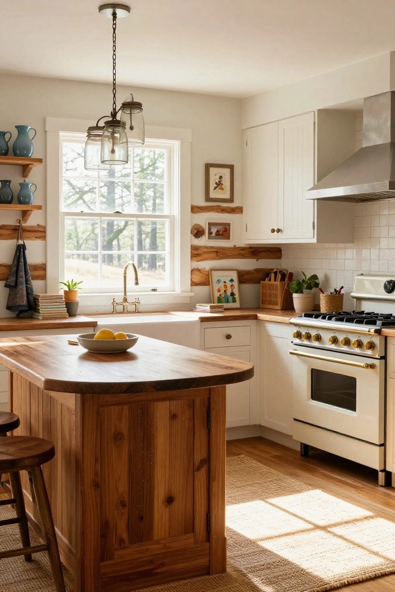 Log home kitchen with central wooden island and stools, white cabinets, farmhouse sink, white range with gold knobs, log wall accents, and large window showing trees outside.